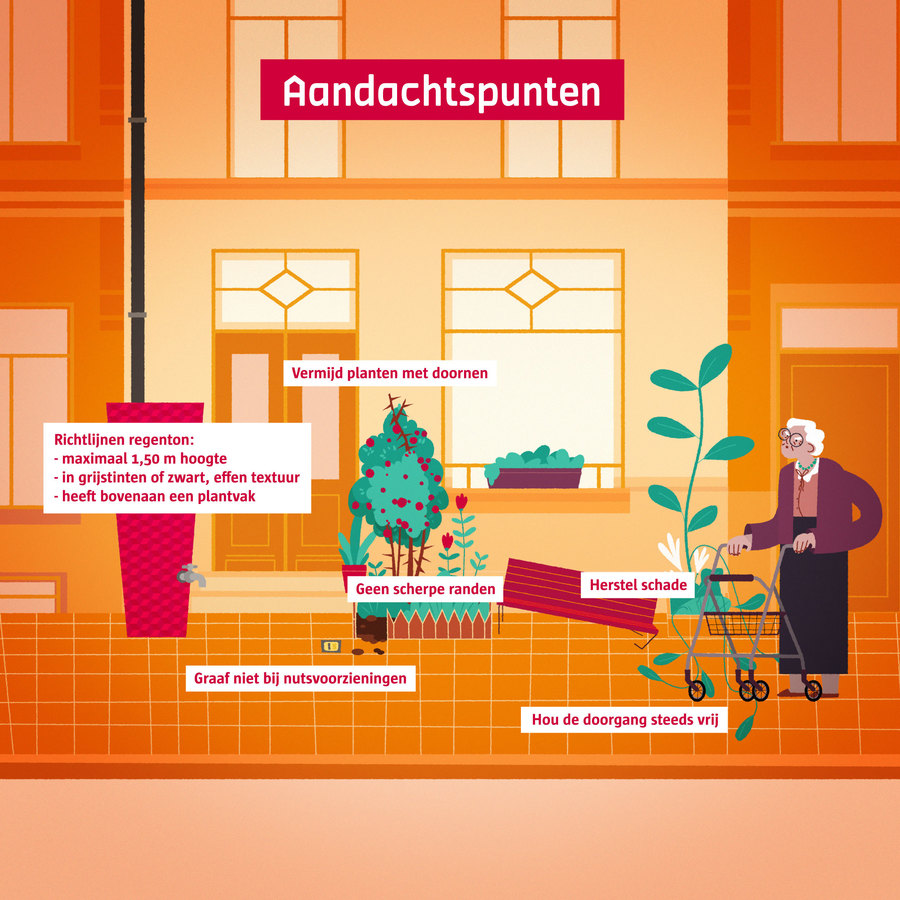 Visuele voorstelling van de aandachtspunten voor een geveltuin Visuele voorstelling van de aandachtspunten voor een geveltuin