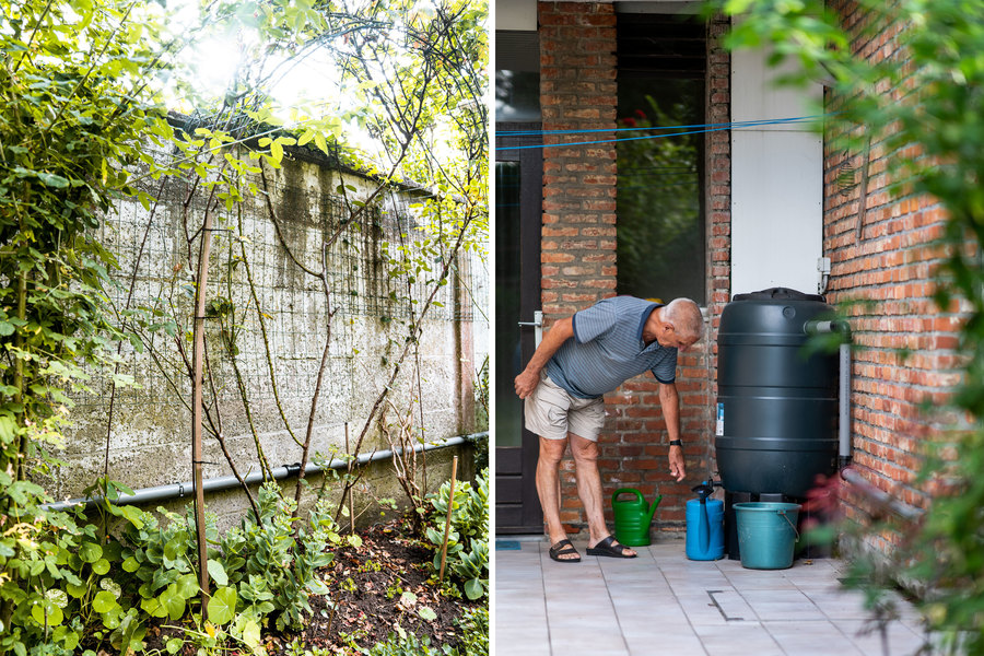 Links zien we de leiding op de muur van Pauls tuin lopen. Rechts laat hij water van de regenton in een gieter lopen. Links zien we de leiding op de muur van Pauls tuin lopen. Rechts laat hij water van de regenton in een gieter lopen.