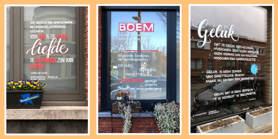 Een montage van foto's van weesgedichten die begin 2025 in Wilrijk verschenen