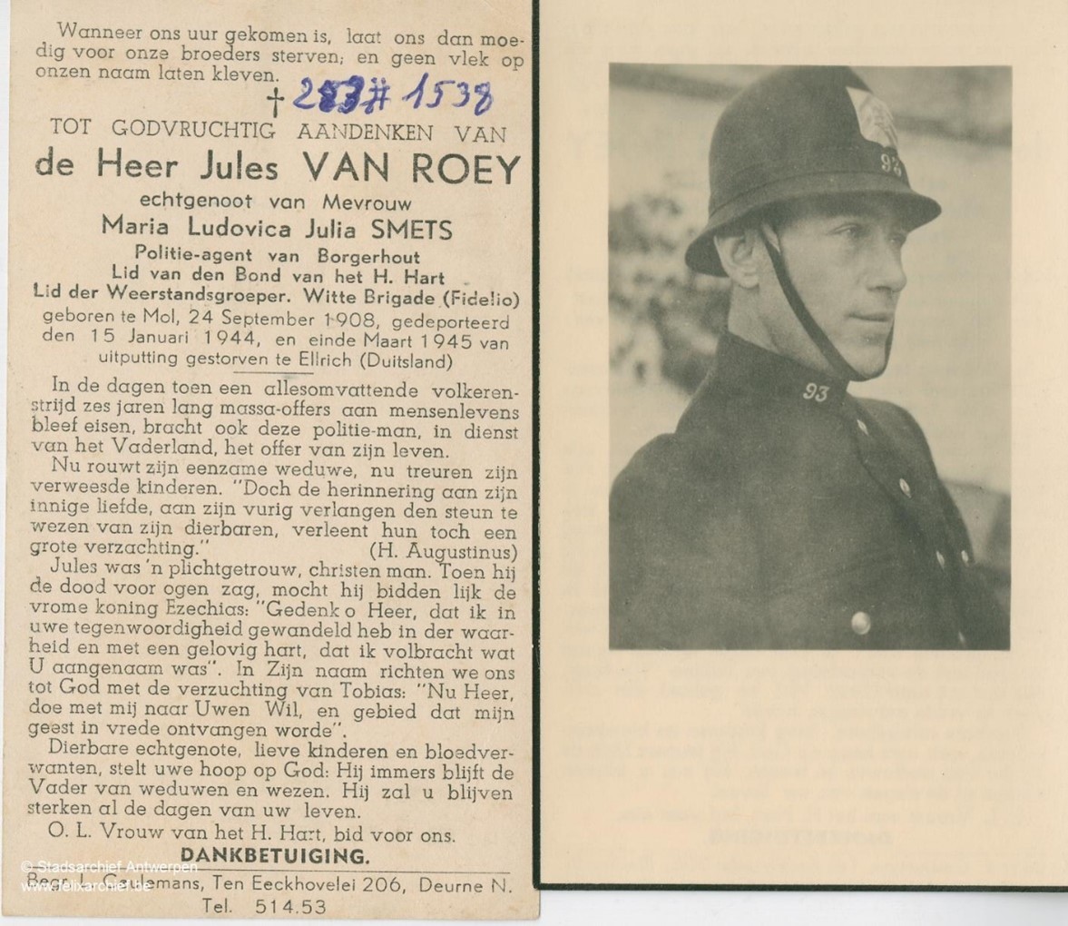 Doodsprentje Agent nr 93-Borgerhout. Agent Jules Van Roey in uniform model 1940 met helm, FelixArchief, 283#1538.