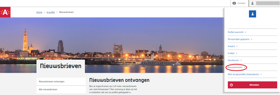 Pagina over nieuwsbrieven op de site van stad Antwerpen