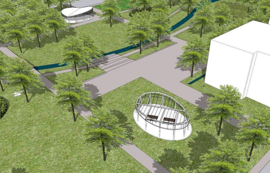 Vogelvlucht over het nieuwe centrale plein en algemene inrichting van het park.