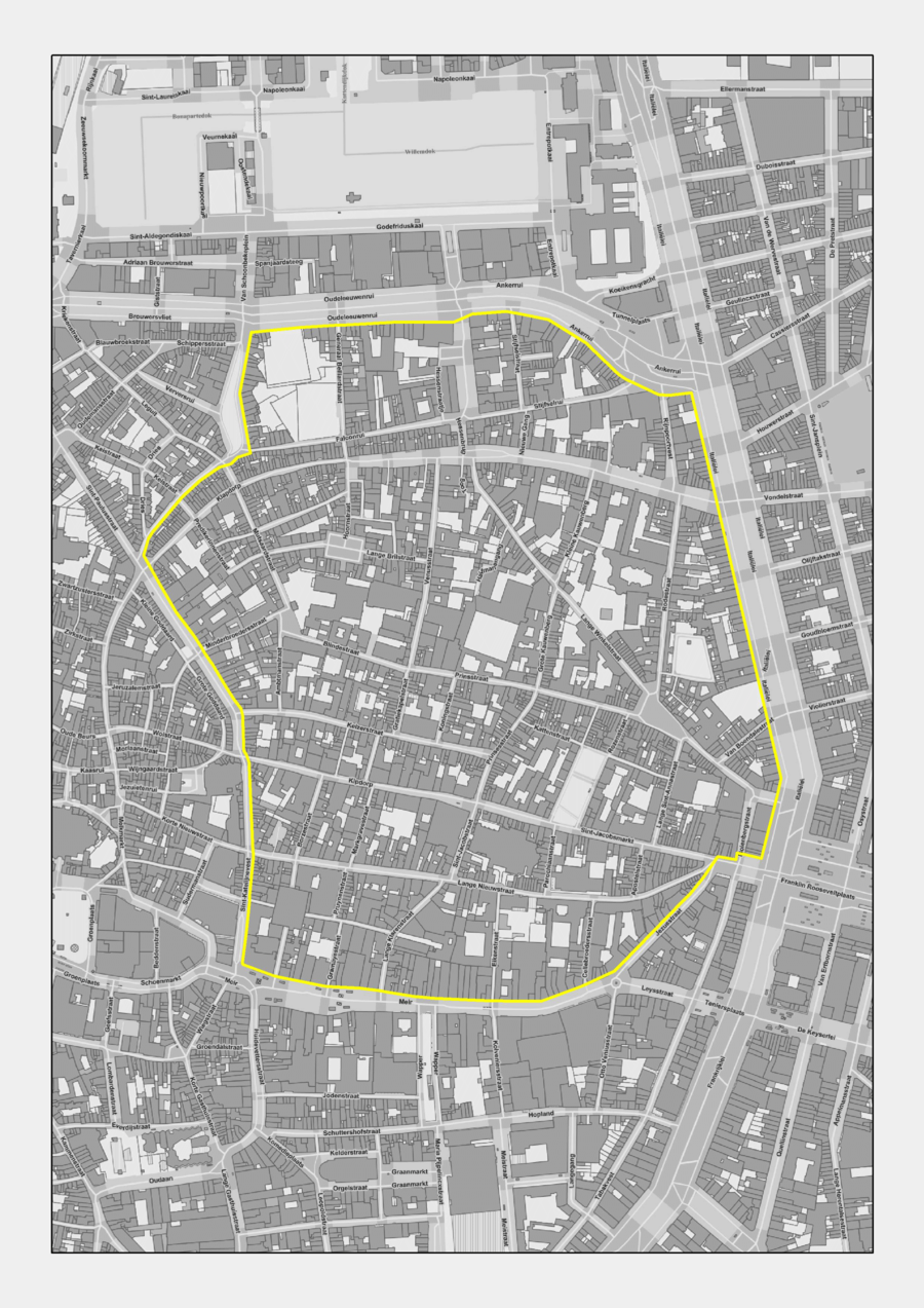 Campus in het centrum van Antwerpen waarop het RUP van toepassing zal zijn. (Gebied binnen de gele begrenzing.) Campus in het centrum van Antwerpen waarop het RUP van toepassing zal zijn. (Gebied binnen de gele begrenzing.)
