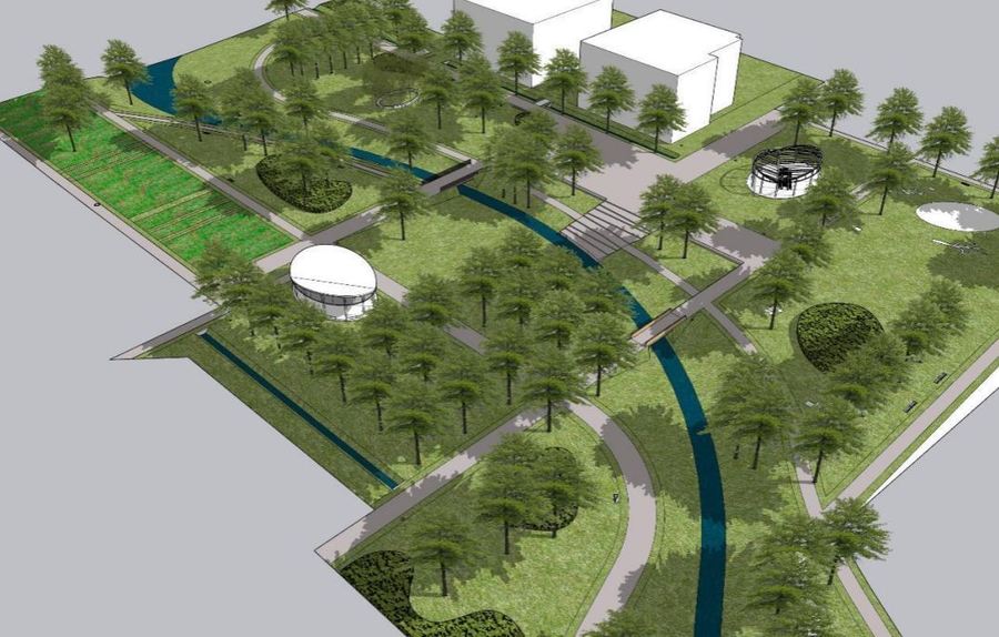 Vogelvlucht over het nieuwe centrale plein en algemene inrichting van het park.