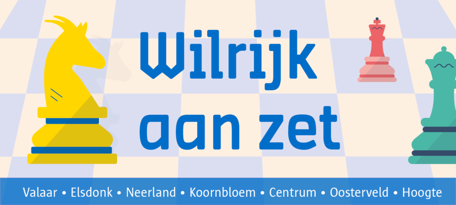 Het logo van Wilrijk aan zet: een reeks schaakstukken met vooraan een geel-blauw Wilrijks schaakstuk in de vorm van een geit.