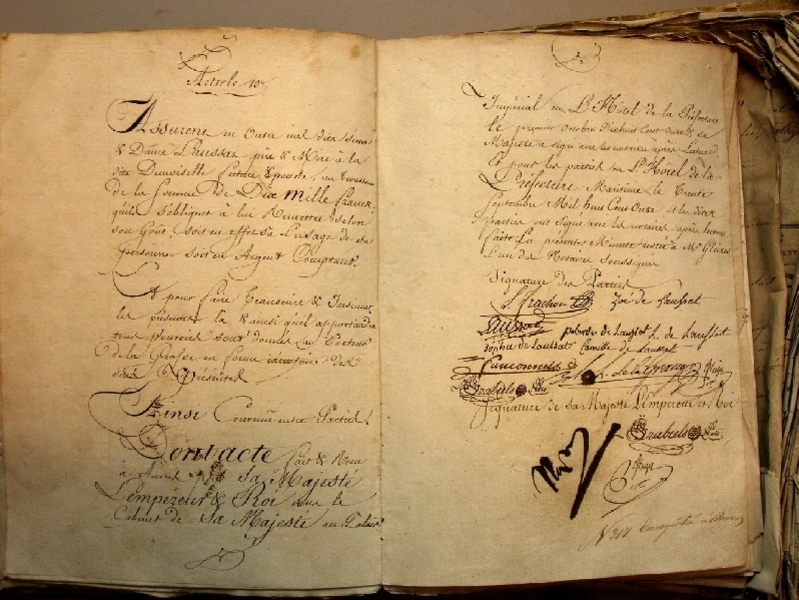 Het huwelijkscontract van kapitein Charles Frachon en Zoë Laussat, dochter van de Antwerpse prefect, ondertekend door Napoleon in 1811 Het huwelijkscontract van kapitein Charles Frachon en Zoë Laussat, dochter van de Antwerpse prefect, ondertekend door Napoleon in 1811