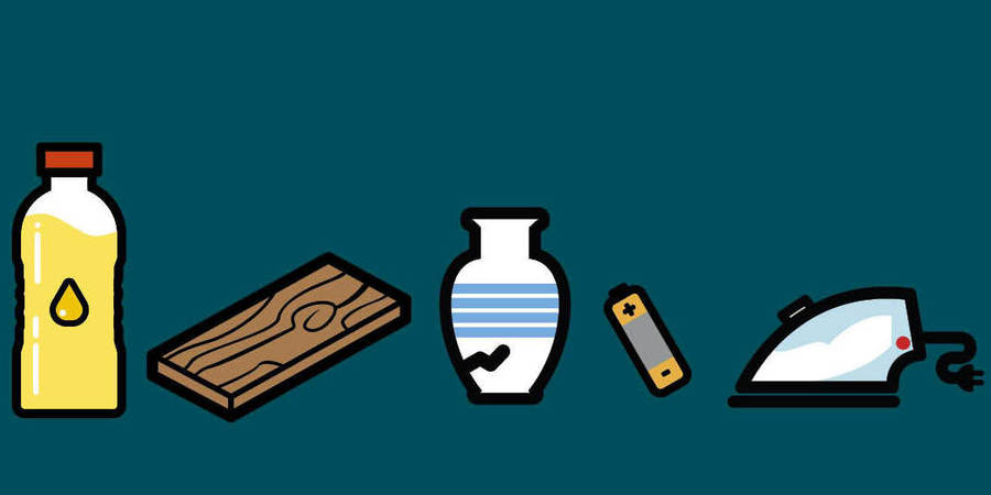 tekening van frituurolie, stuk hout, kapotte vaas, batterij en strijkijzer tekening van frituurolie, stuk hout, kapotte vaas, batterij en strijkijzer