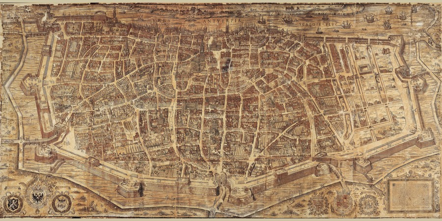 Op de kaart van Virgilius Bononiensis zijn de vernieuwingen van Van Schoonbeke duidelijk te zien. Rechts is de Nieuwstad (Eilandje) toegevoegd, ook de Spaanse omwalling (vandaag de Leien) is duidelijk te zien.
