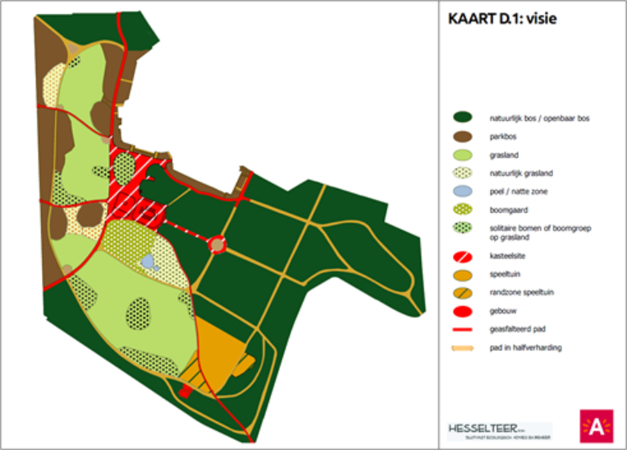 Kaart met grondplan: Indeling Te Boelaarpark volgens het beheerplan