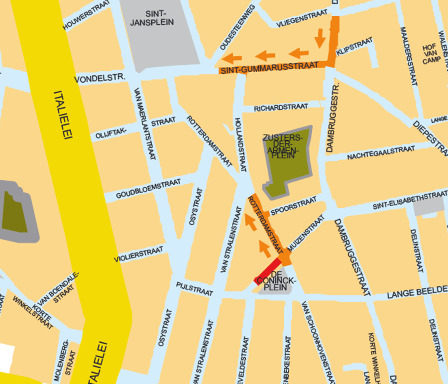 Kaart met aangepaste rijrichtingen vanaf 1 juli 2025. Kaart met aangepaste rijrichtingen vanaf 1 juli 2025.