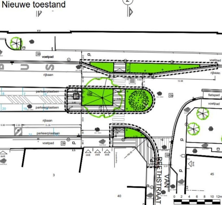 Plan nieuwe toestand middenberm, voetpaduitstulping en oversteek Stella Marisstraat t.h.v. Van Reethstraat