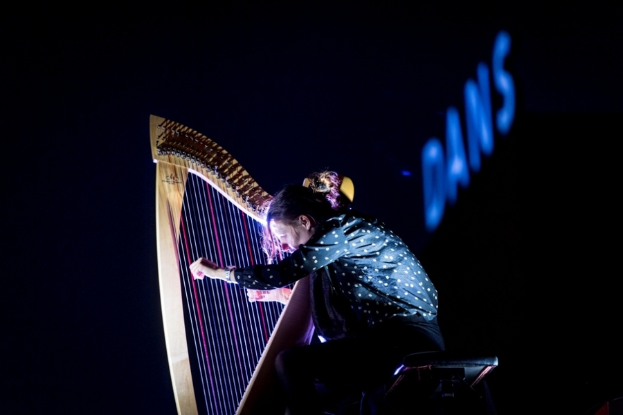 Een vrouw speelt harp op een dak in de nacht