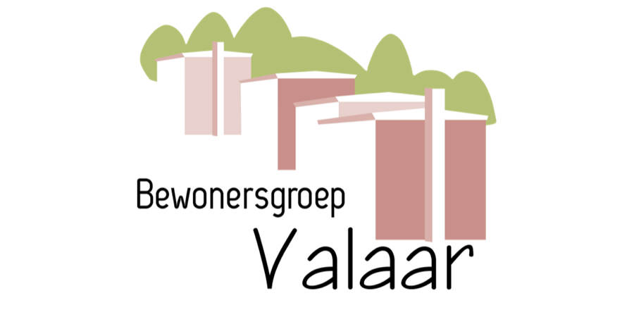 Het logo van de Bewonersgroep Valaar: enkele gestileerde huizen met bomen op de achtergrond.