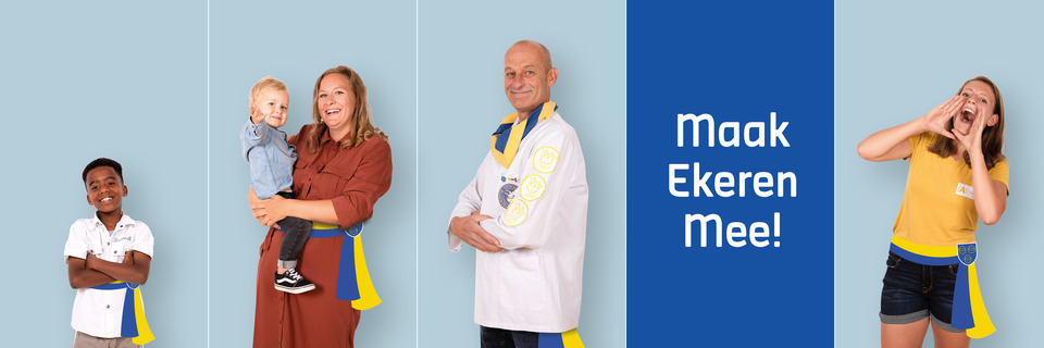 Campagnebeeld van Maak Ekeren Mee met enkele gewone Ekerenaars met een blauw-gele burgemeesterssjerp