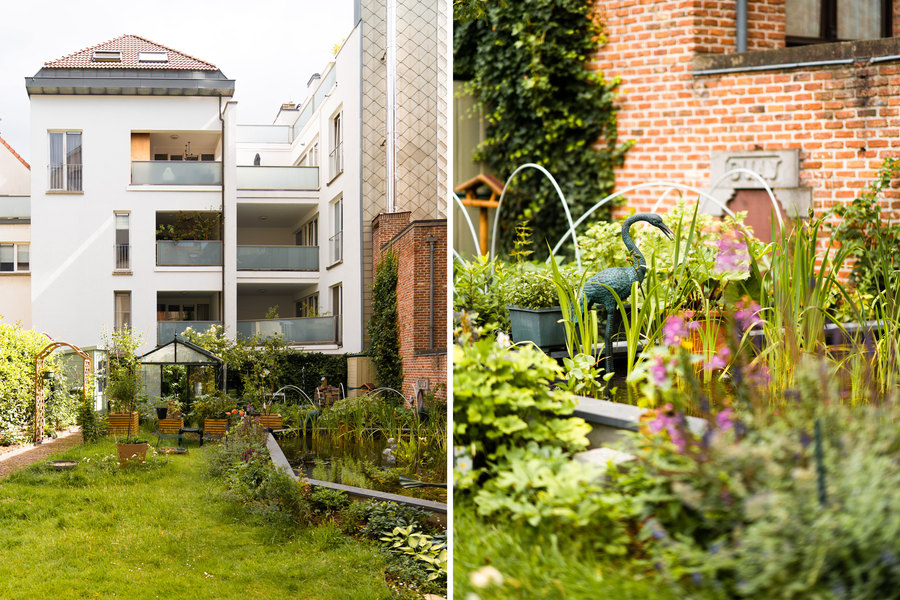 Links zien we de tuin, rechts een close up van de vijver