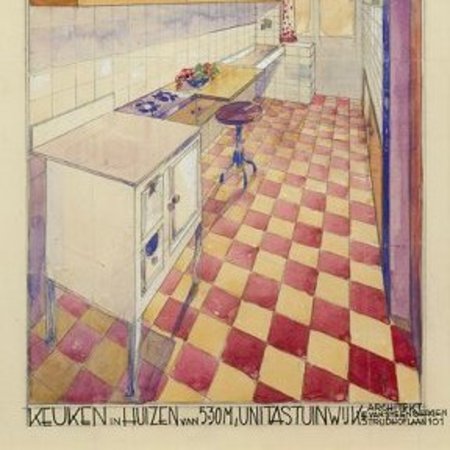 Eduard Van Steenbergen, Unitaswijk, Geaquarelleerd interieurgezicht van een keuken, Antwerpen (Deurne), 1929. Eduard Van Steenbergen, Unitaswijk, Geaquarelleerd interieurgezicht van een keuken, Antwerpen (Deurne), 1929.