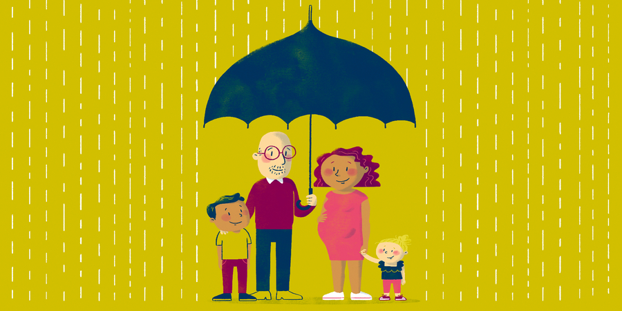Een illustratie van een gezin dat onder een paraplu schuilt voor de regen. Een illustratie van een gezin dat onder een paraplu schuilt voor de regen.