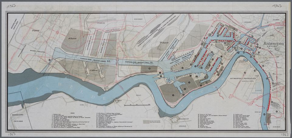 Gemeentelijk Havenbedrijf Antwerpen:  kaart van de haven, de Scheldekaaien en de toenmalige toekomstplannen, 1963