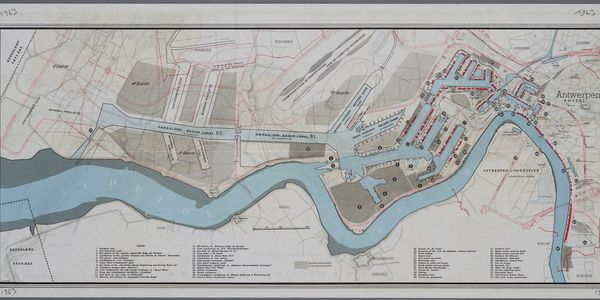 Gemeentelijk Havenbedrijf Antwerpen:  kaart van de haven, de Scheldekaaien en de toenmalige toekomstplannen, 1963