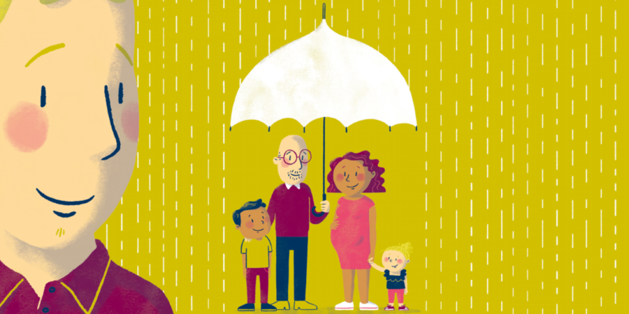 Een illustratie van een zorgambassadeur die toekijkt hoe een gezin zich beschermd tegen de regen met een paraplu. Een illustratie van een zorgambassadeur die toekijkt hoe een gezin zich beschermd tegen de regen met een paraplu.