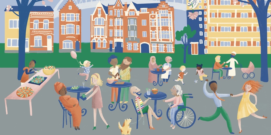 Illustratie met buren die een feestje houden Illustratie met buren die een feestje houden