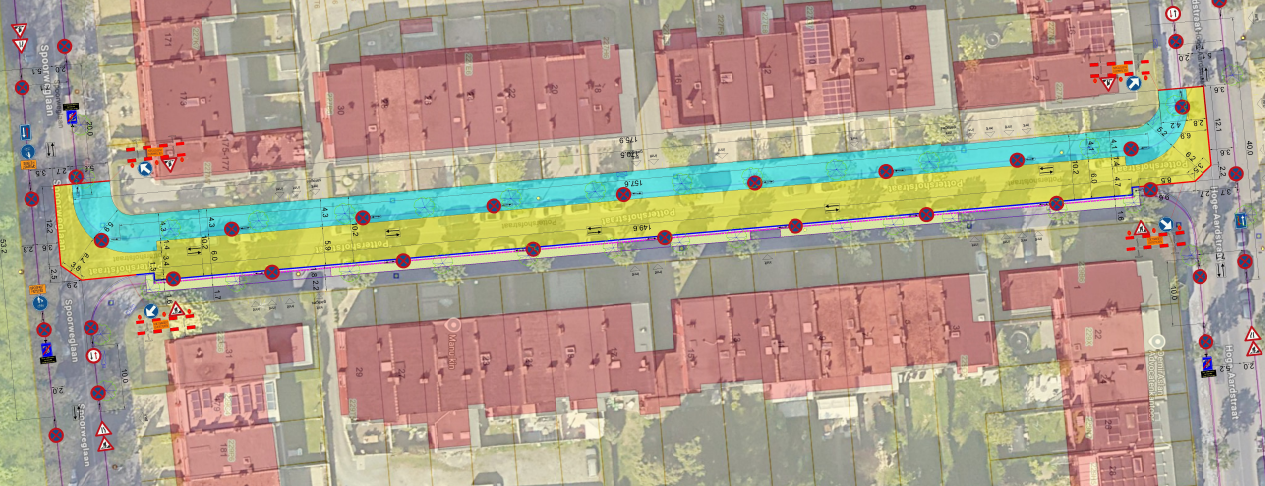 Signalisatieplan werken fase 2 (werfzone aangeduid in het blauw en geel)