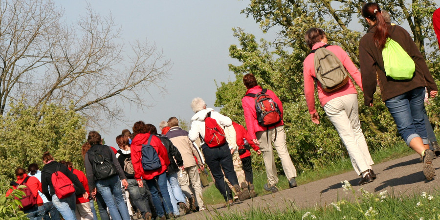 Groep mensen aan het wandelen op een asfaltweg Groep mensen aan het wandelen op een asfaltweg