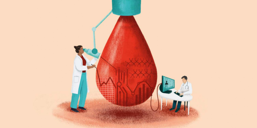 Illustratie van twee onderzoekers die een bloeddruppel onderzoeken