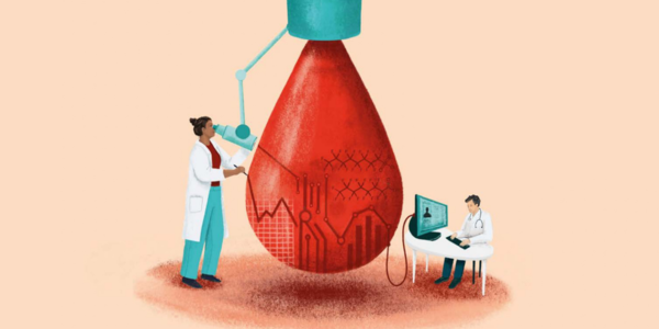Illustratie van twee onderzoekers die een bloeddruppel onderzoeken