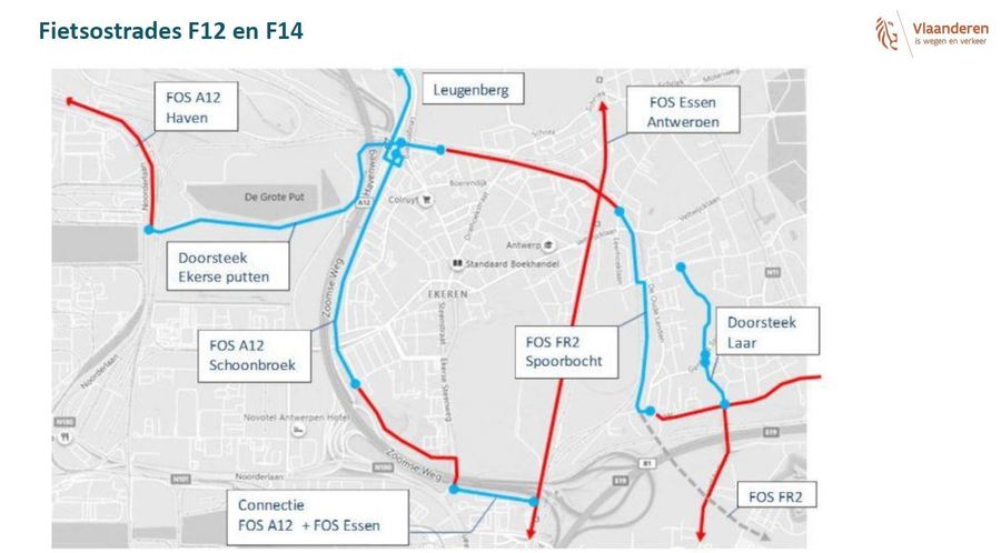 Een kaart met de grote fietsverbindingen die reeds gerealiseerd zijn of zullen gerealiseerd worden in en rond Ekeren Een kaart met de grote fietsverbindingen die reeds gerealiseerd zijn of zullen gerealiseerd worden in en rond Ekeren