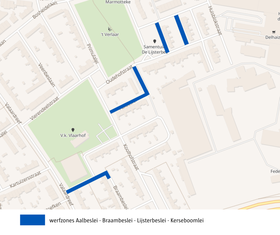Kaart met daarop de verschillende werfzones in blauw aangeduid. Kaart met daarop de verschillende werfzones in blauw aangeduid.