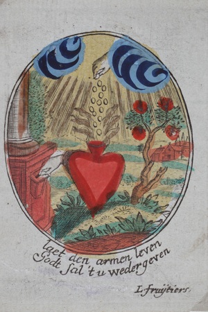 Laat den armen leven, godt sal 't u wedergeven.' Gekleurde gravure van L. Fruijtiers uit de collectie devotieprenten