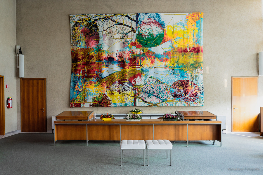 Wandtapijt (Rivierenhof) in het de trouwzaal (in 2021)