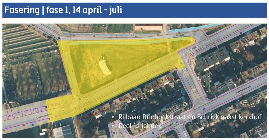 Weergave fase 1 van de werken: rijbaan Driehoekstraat en Schriek naast kerkhof