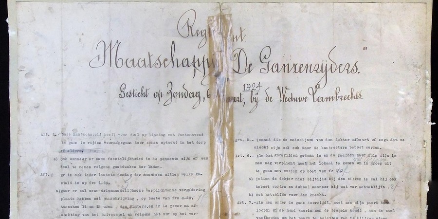 Het reglement van de maatschappij De Gansrijders, uit 1924. Gansrijden is een eeuwenoude traditie in polderdorpen.