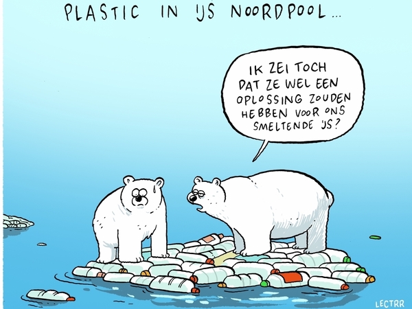 Cartoon van Lectrr van 2 ijsberen op een ijsschots van plastieken flessen. Cartoon van Lectrr van 2 ijsberen op een ijsschots van plastieken flessen.
