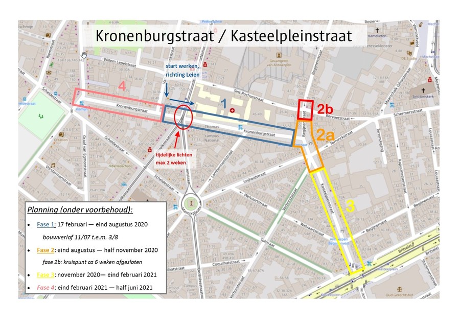 plan fasering en timing heraanleg op kaart: fase 1 Kronenburgstraat tussen Van Craesbeeckstraat en Begijnenstraat, fase 2 complex kruispunt vanaf Begijnenstraat tot en met Verbondstraat, fase 3 Kasteelpleinstraat vanaf Verbondstraat tot Leien, fase 4 Kronenburgstraat van Klossterstraat tot Van Craesbeeckstraat plan fasering en timing heraanleg op kaart: fase 1 Kronenburgstraat tussen Van Craesbeeckstraat en Begijnenstraat, fase 2 complex kruispunt vanaf Begijnenstraat tot en met Verbondstraat, fase 3 Kasteelpleinstraat vanaf Verbondstraat tot Leien, fase 4 Kronenburgstraat van Klossterstraat tot Van Craesbeeckstraat