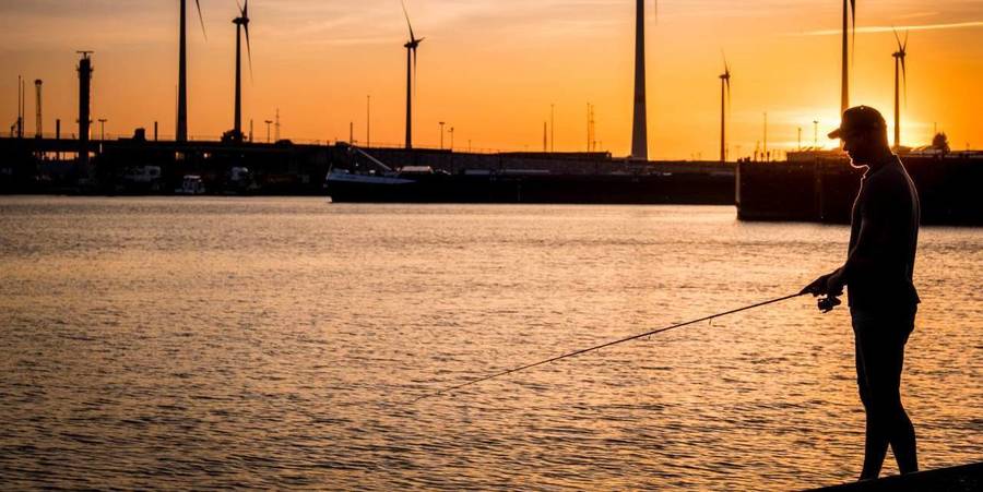 Een man is bij zonsondergang aan het vissen in de Schelde. Een man is bij zonsondergang aan het vissen in de Schelde.