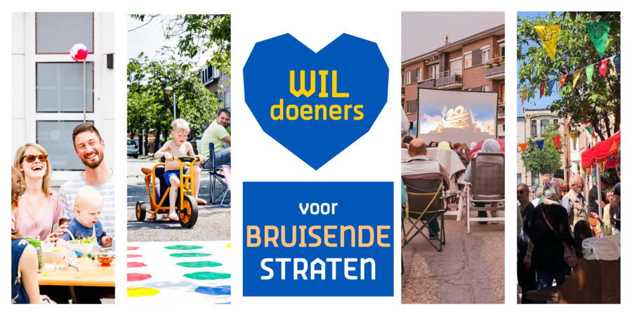Montage met illustratieve foto's van verschillende acties van Wildoeners: buurtfeest, speelstraat en cinemastraat.