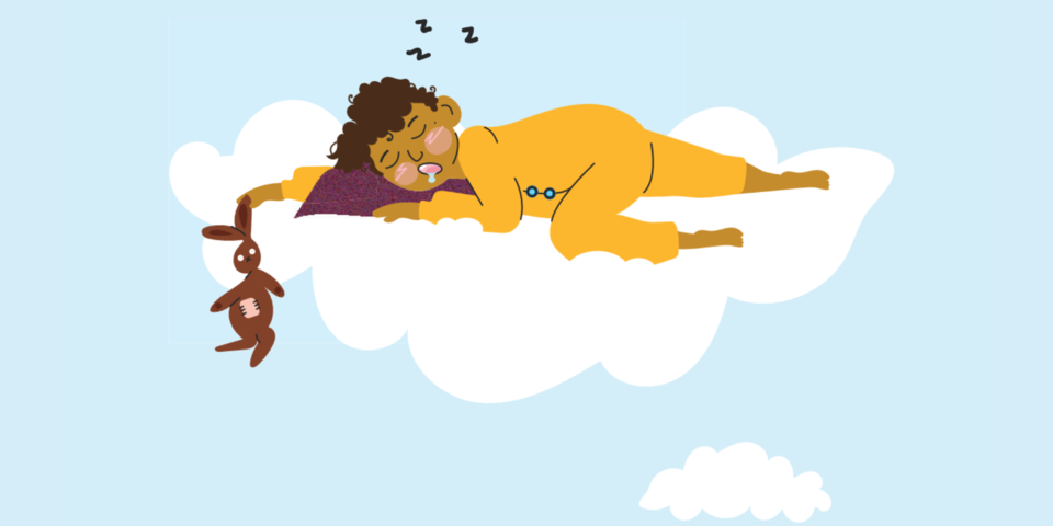Een illustratie van een kind dat slaapt op een wolk. Elke nacht genoeg slapen is een belangrijke tip voor een gezonde levensstijl. En het helpt tegen overgewicht en obesitas.