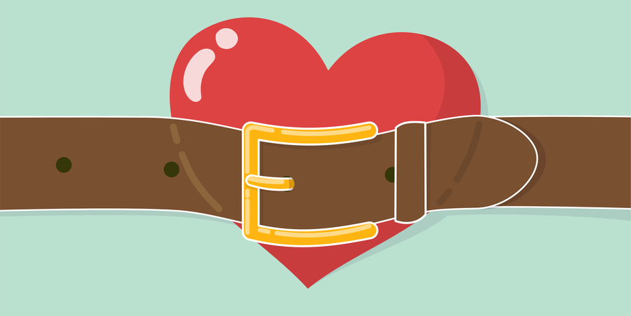 Illustratie van een groot, rood hart met een riem rond.