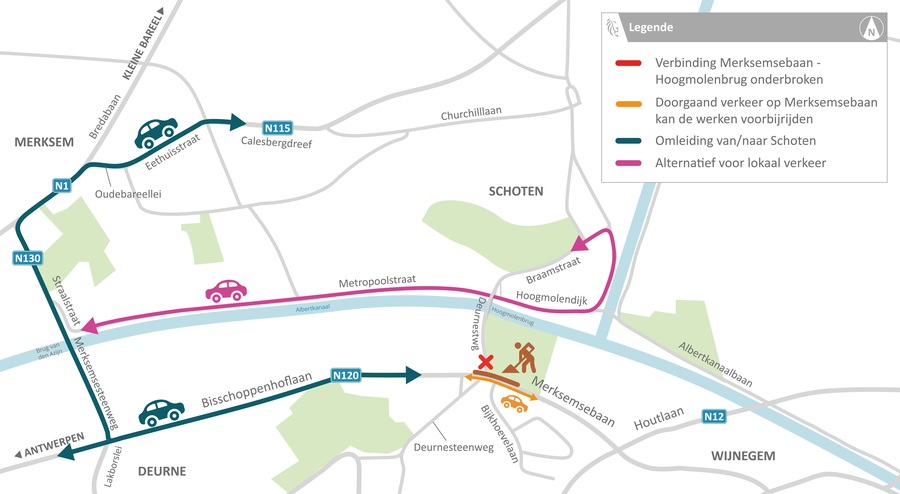 Omleidingsplan geeft de omleidingsroutes tijdens de werken weer Omleidingsplan geeft de omleidingsroutes tijdens de werken weer
