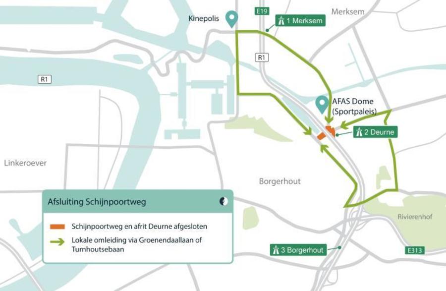 Lokaal autoverkeer volgt een omleiding via de Slachthuislaan – Noorderlaan - Groenendaallaan – ir. Menneslaan – Vaartkaai – brug van den Azijn of via de Noordersingel – Turnhoutsebaan – Frankc Craeybeckxlaan – Confortalei - Bisschoppenhoflaan.