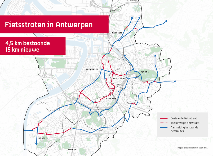 Kaart met bestaande en toekomstige fietsstraten