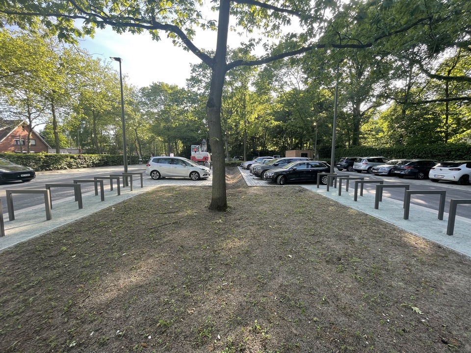 Zicht op de nieuwe parking met vooraan centraal een groot nieuw groenvak met een een al wat ouder boom in het midden, links en rechts fietsenrekken en verder op de achtegrond geparkeerde auto's