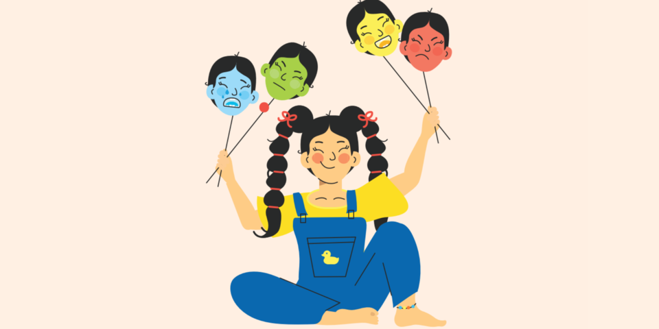 Een illustratie van een meisje dat verschillende emoties toont zoals blij, verdrietig boos en bang. Emoties herkennen en erover praten maakt je kind veerkrachtiger. En het helpt tegen overgewicht en obesitas.