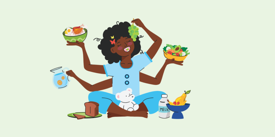 Een illustratie van een meisje dat heel veel verschillende soorten voedsel, smaken en ingrediënten uitprobeert. Zo leert ze goed omgaan met voedsel. En dat helpt tegen overgewicht en obesitas.