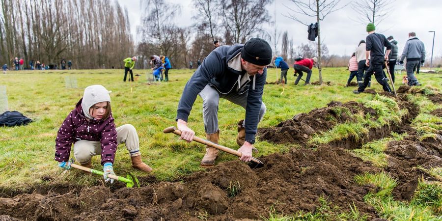 Man en kind planten een boom