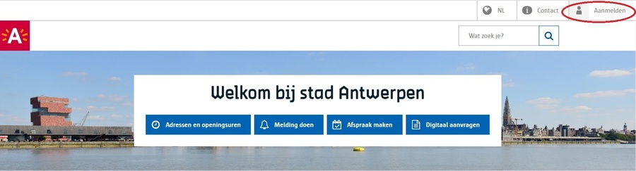 Hoofding startpagina stad Antwerpen met het woord aanmelden omcirkeld Hoofding startpagina stad Antwerpen met het woord aanmelden omcirkeld