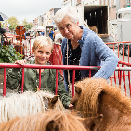 Een jongen en zijn grootmoeder strelen een paard. Een jongen en zijn grootmoeder strelen een paard.
